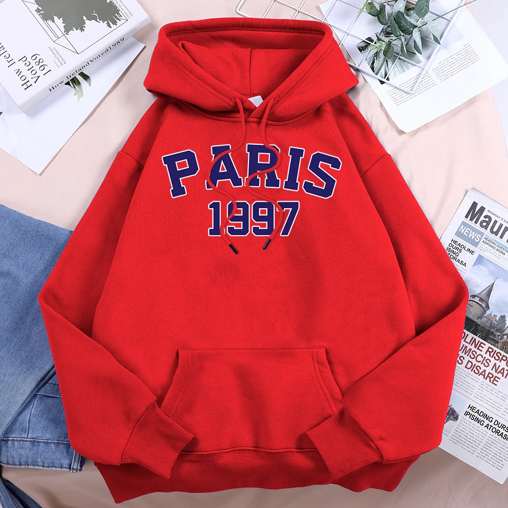 Paris 1997 Street City Letter Print Hoodies Women Warm Fleece Daily Pullovers Fashion Casual Hooded Basic All Match Sweatshirt