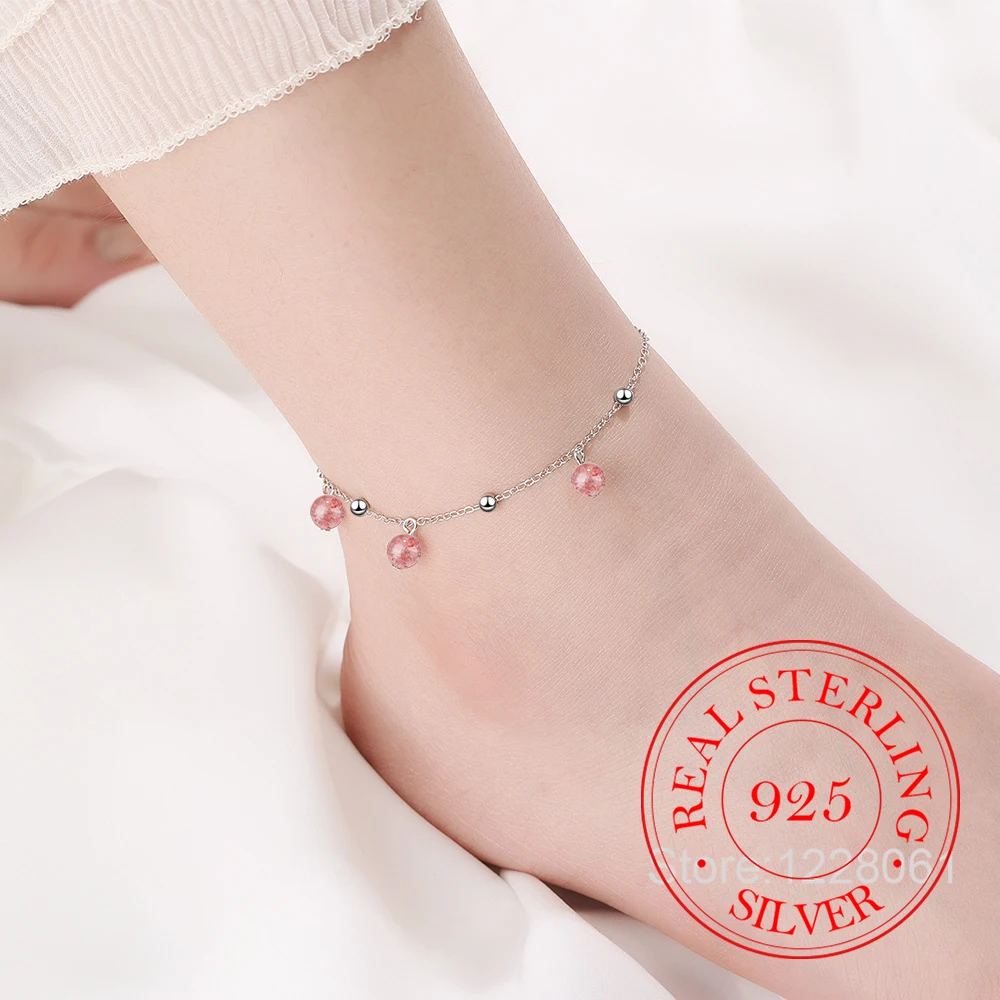 925 Silver Ankle Bracelet for Women, Pink Strawberry Crystal, Korean Minimalist Style, Wedding & Party Jewelry, Fashion Gift