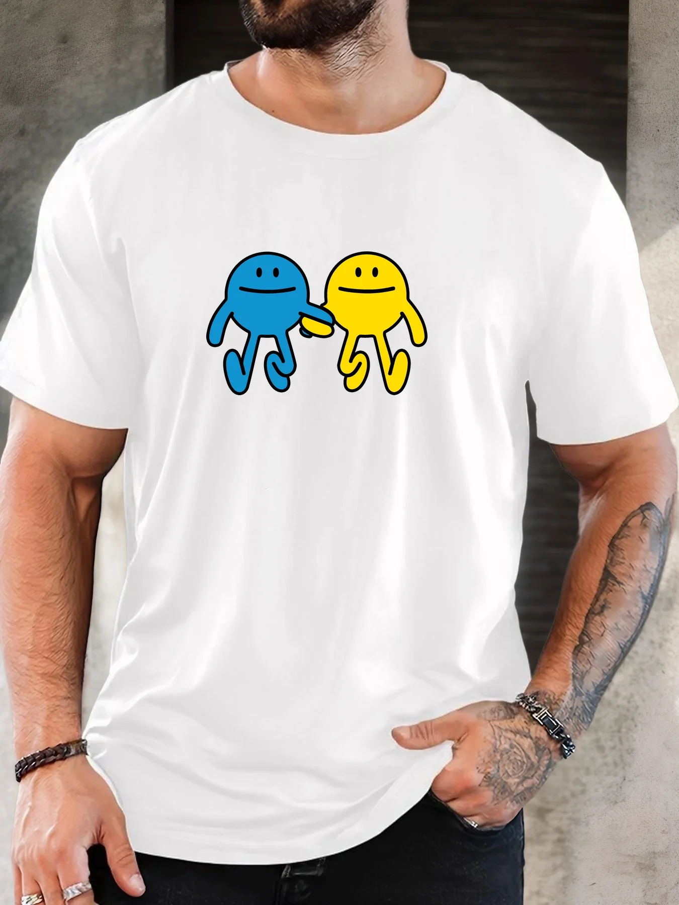 Fashion Mens Black Basic Tee Minimal Blue Yellow Hand In Hand Smiley Character Peace Friendly Casual Short Sleeve Shirts