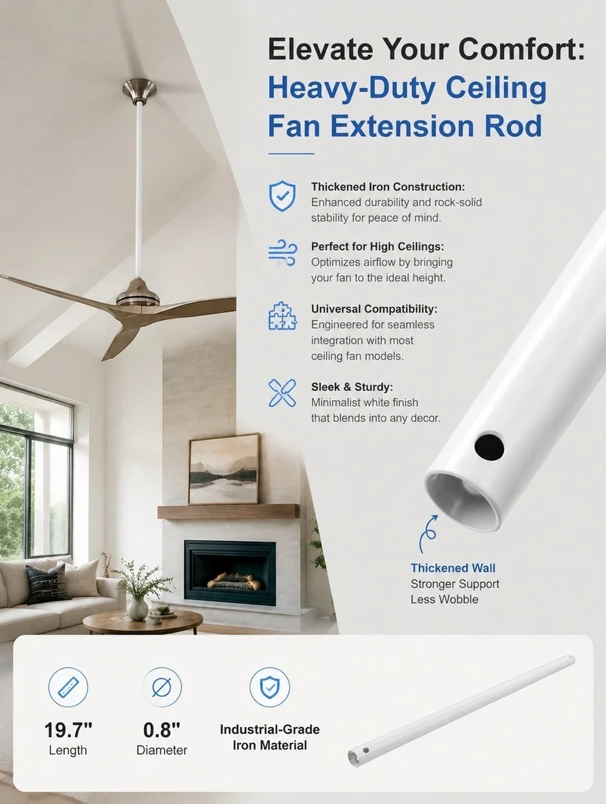 Ceiling Fan Extension Rod Thickened Iron Heavy Duty Fan Downrod Extension Pole Stable Long Rod for Easy Installation on Sloped