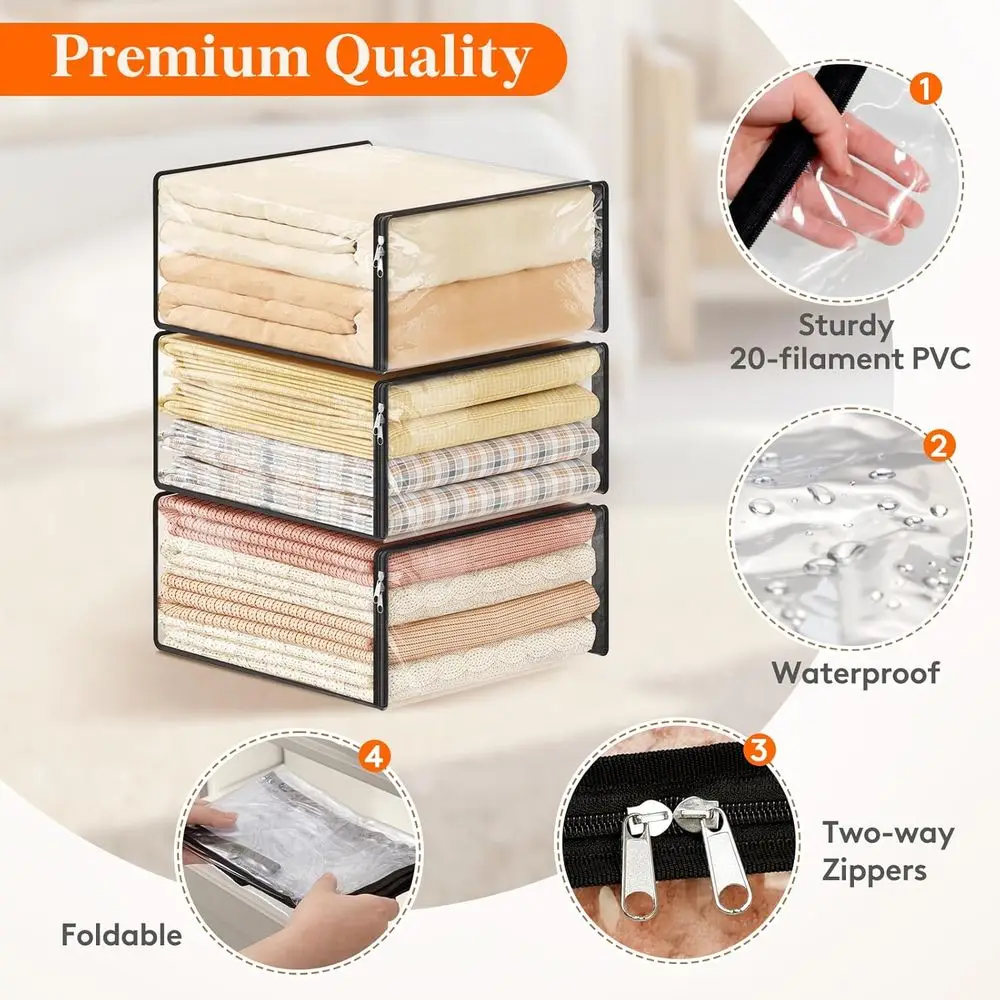 36L Clear Sheet Storage Bags with Zipper 12 Pack, Plastic Sweater Storage Bins or Clothing, Vinyl oldable Clothes Containers Org