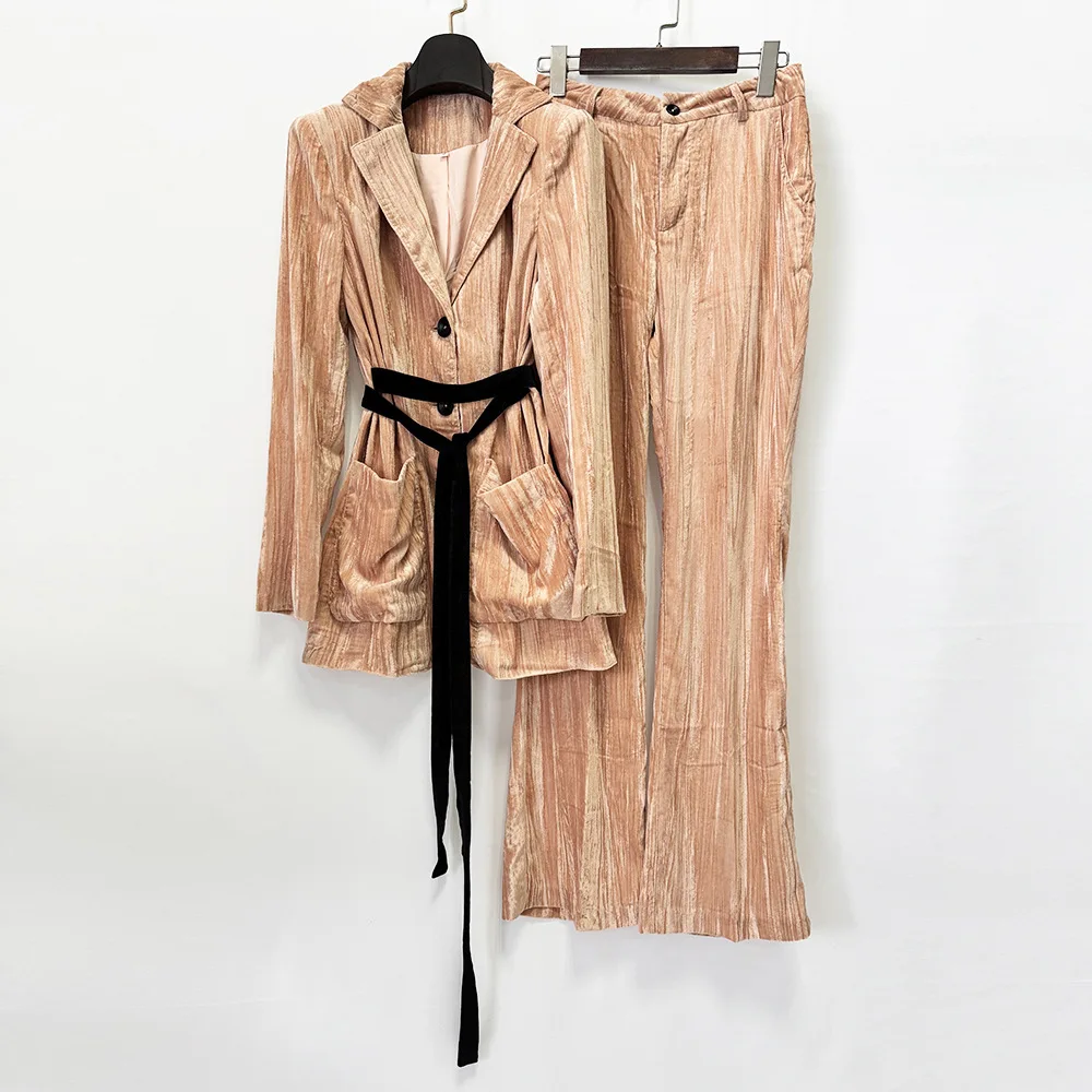 HIGH QUALITY Newest 2026 Designer Suit Women Belt Velvet Lapel Blazer Wrinkle Marks Pants Set 2PCS