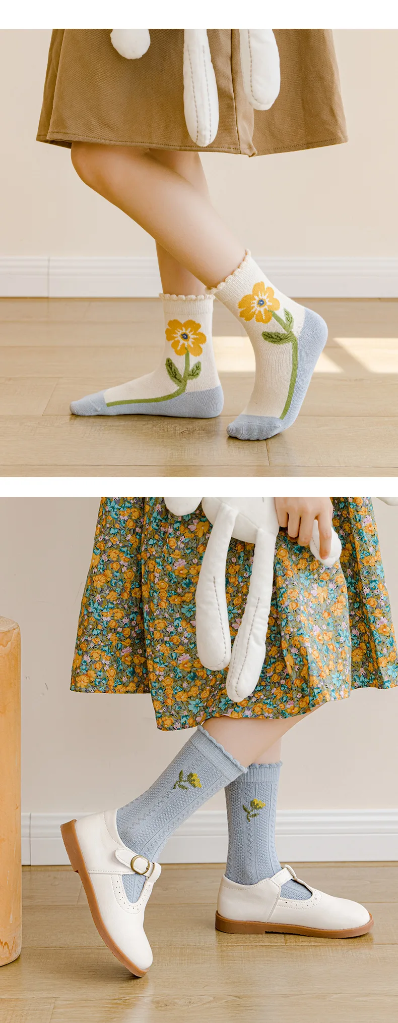 5 Paar Kinder-Blumensocken Kleinkind-Mädchensocken Frühling Herbst Blumenstickerei Atmungsaktive Kindersocken – Detail 7