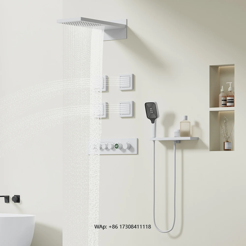 

Modern Nordic Rainfall Ceiling Shower System Single-Handle Concealed Bathroom Set in Brass Featuring Waterfall and Jet Sprays
