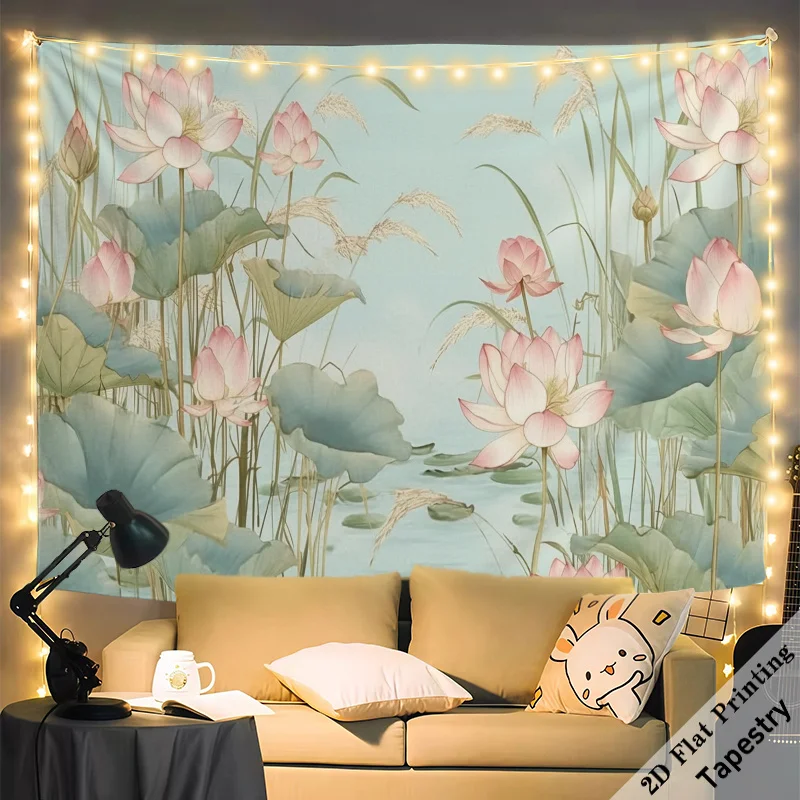 Bohemian Lotus Flower Tapestry Wall Hanging Pond Nature Decor Tropical Watercolor Art for Living Room Boho Bedroom Accent