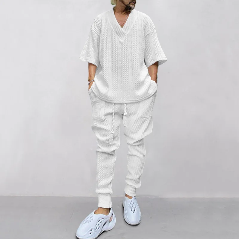 2026 Spring New Style European Casual Loose Seven-Sleeved Jacquard Knitted Shirt-Pants Men's Set
