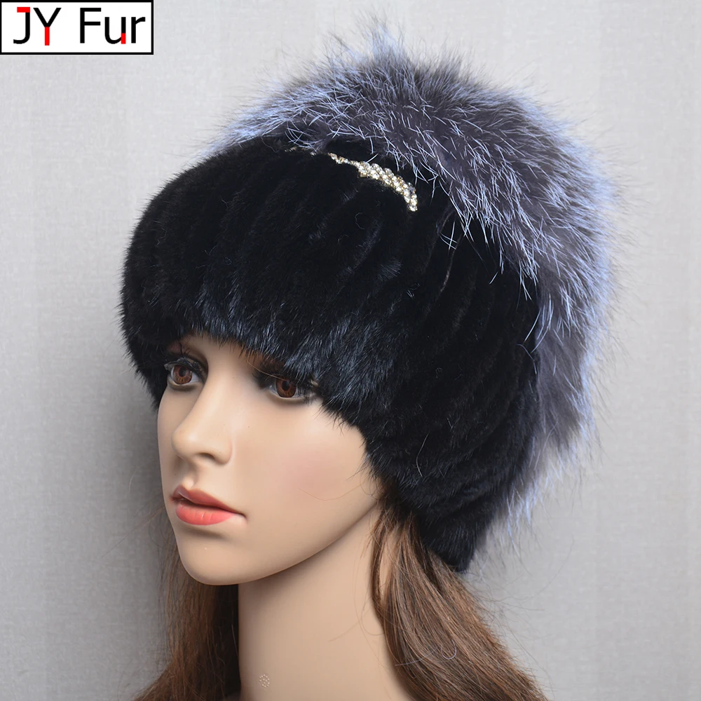 Women Winter Mink Fur Hats Knitted Real Mink Silver Fox Fur Caps Female Russian Warm Beanies Hat Women\'s Fur Hat