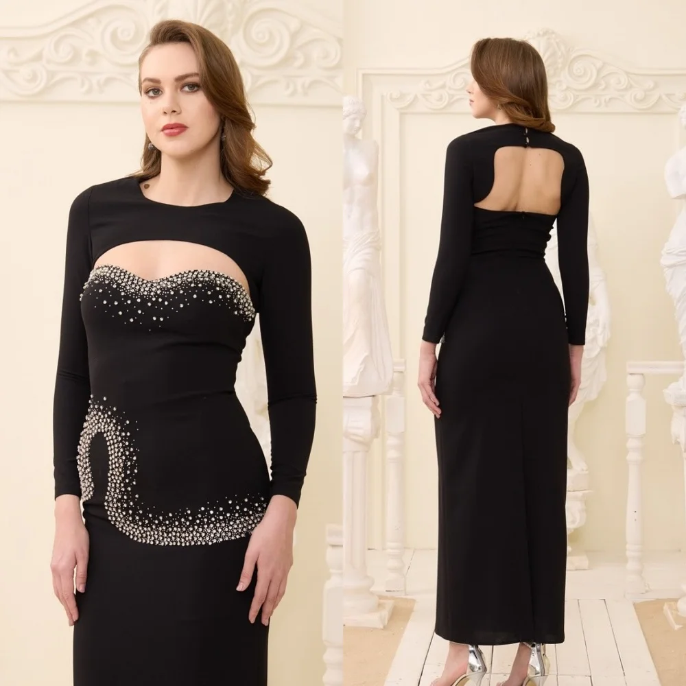 

Прямые платья миди из джерси со стразами и круглым вырезом по индивидуальному заказу, женские роскошные вечерние платья на заказ, классические изысканные блестящие формальные платья