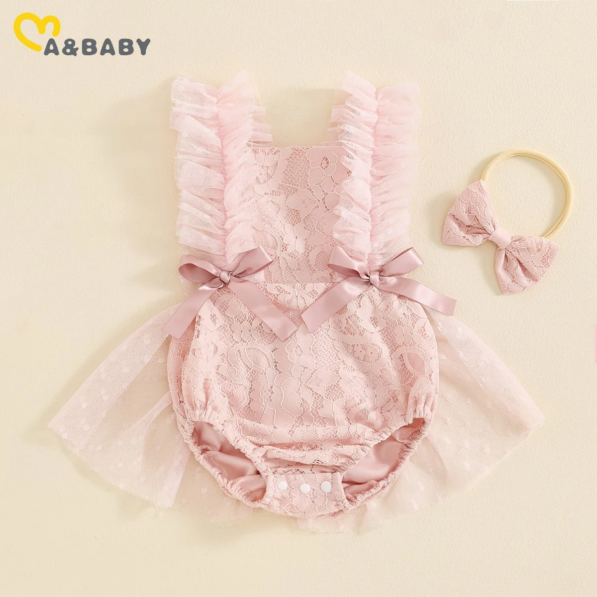 ma&baby 0-18M Baby Girl Romper Newborn Infant Toddler Girl Lace Floral Tulle Jumpsuit Bow Headband Summer Outfits