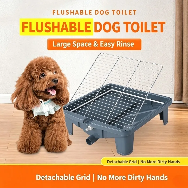 Flushable Dog Potty Tray with Metal Grid Elevated Pet Toilet with Drain Hose Indoor Puppy Training Litter Tray for Small Dogs