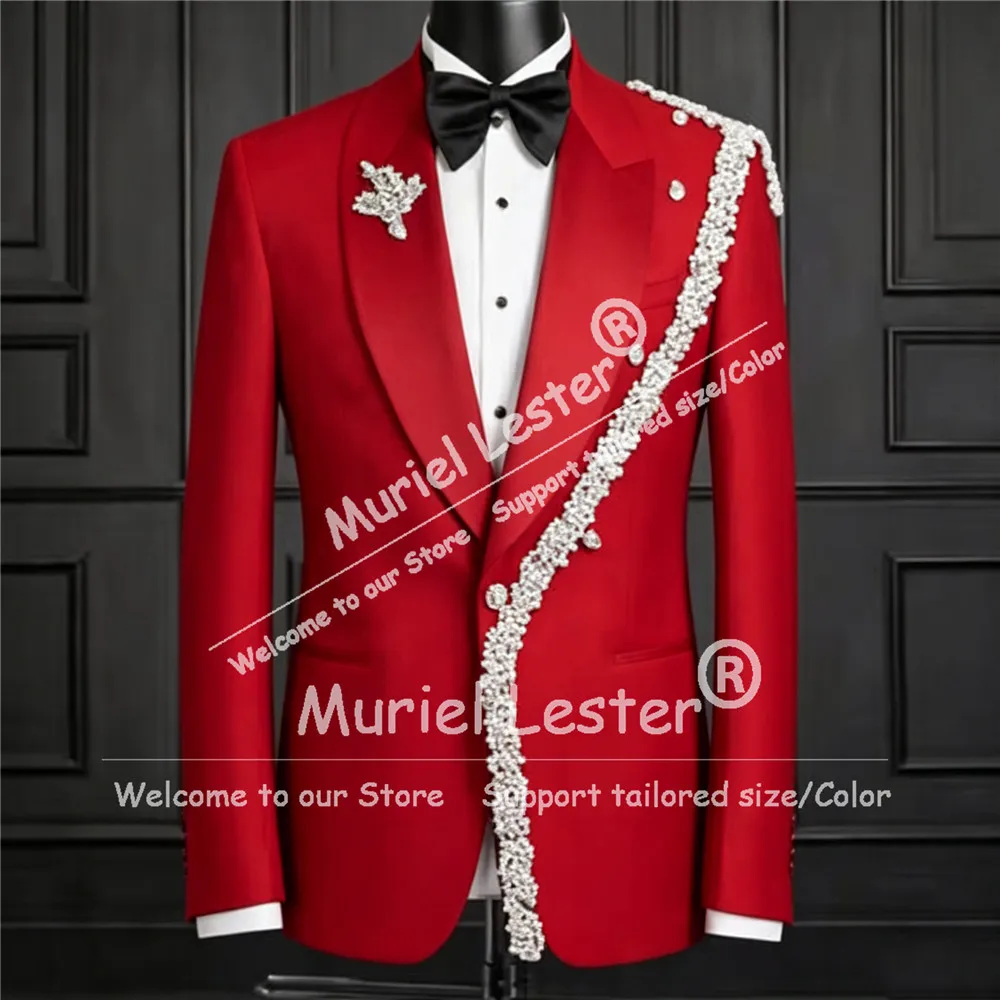 Exclusive Suit Men Pearls Beaded Prom Blazer Pants 2 Piece Sets Groom Weding Tuxedos Customized Man Attire Business Party Outfit