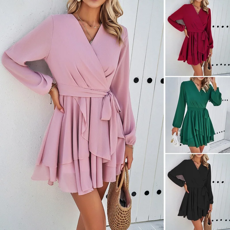 

DY-Women's Long Sleeve Dress, Pure Color, Elegant, Autumn