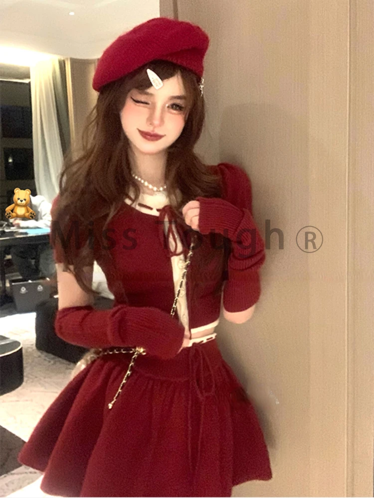 Christmas Elegant 2 Piece Set Women Bow Patchwork Design Sweet Skirt Suit Female Korean Solid Casual Preppy Style Y2k Set 2023