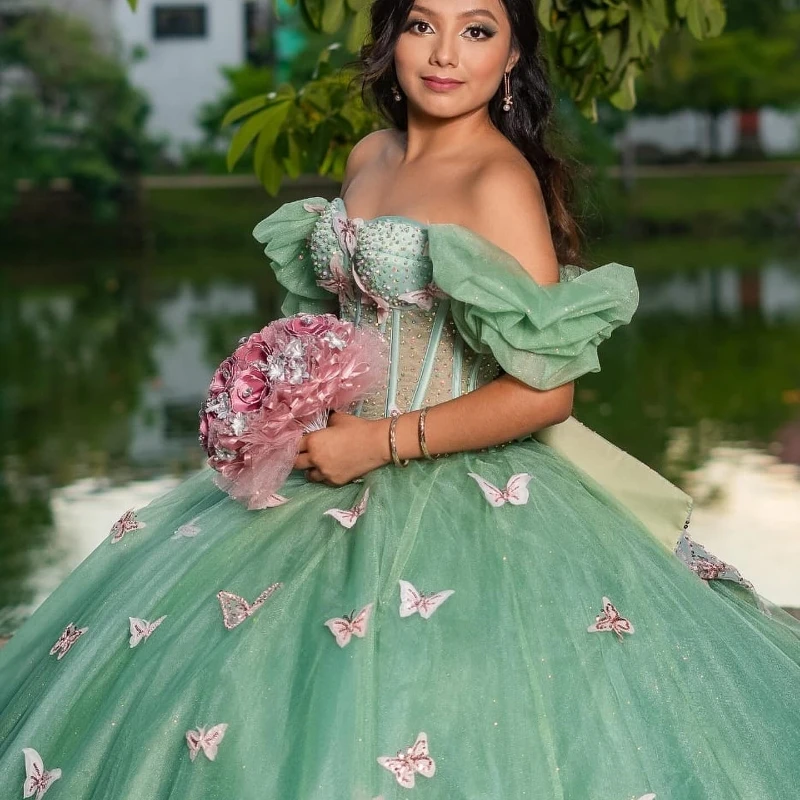 Sage Green Quinceanera Dresses Sweet Beads Bow Princess Ball Gown 2024 Birthday Party Gowns Vestidos De 15 Quinceañera