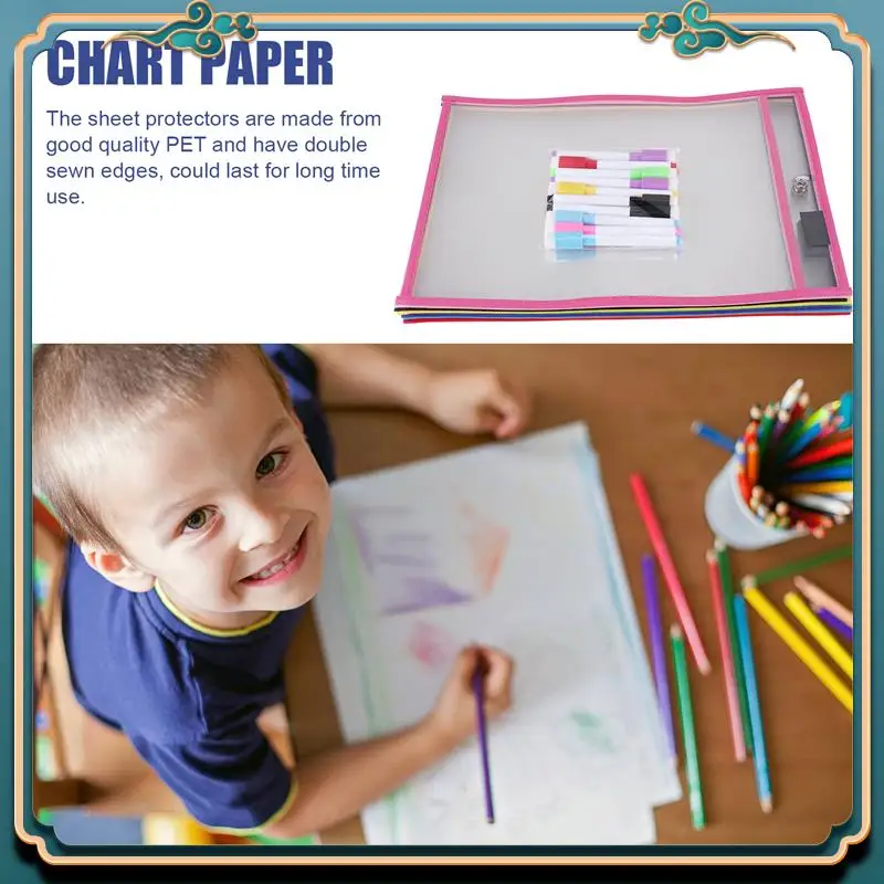 

(New)-Dry Erase Pockets Sleeves, (10 Pack) A4 Paper Job Ticket Holders, Reusable Dry Erase Sheets For Classroom Worksheets