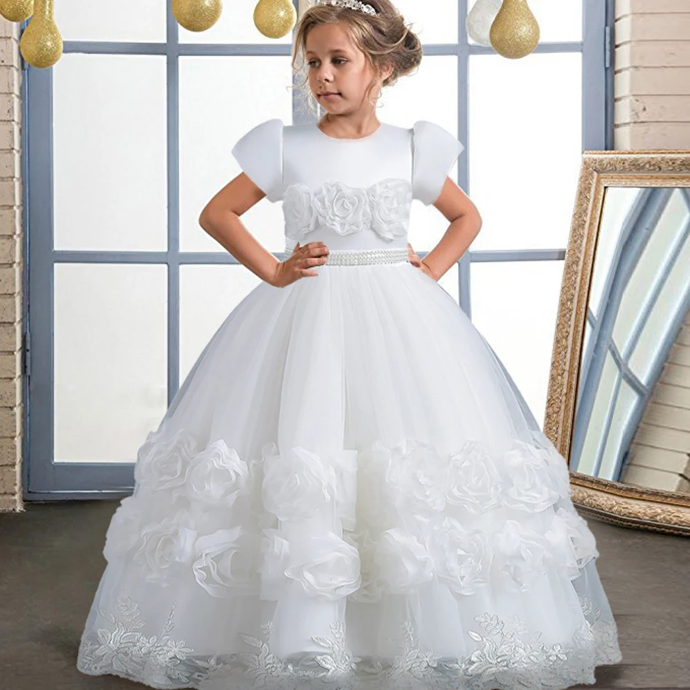 Floral Flower Elegant Girls Wedding Dresses Lace Mesh Children\'s Long Formal Princess Clothes Kids Bridesmaid Evening Vestidos