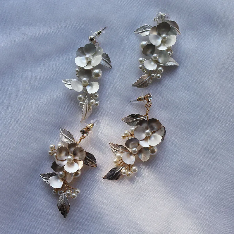 Gold Silver Color Floral Bridal Drop Earring Handmade Leaf Wedding Jewelry Pearls Women Earrings Accessories