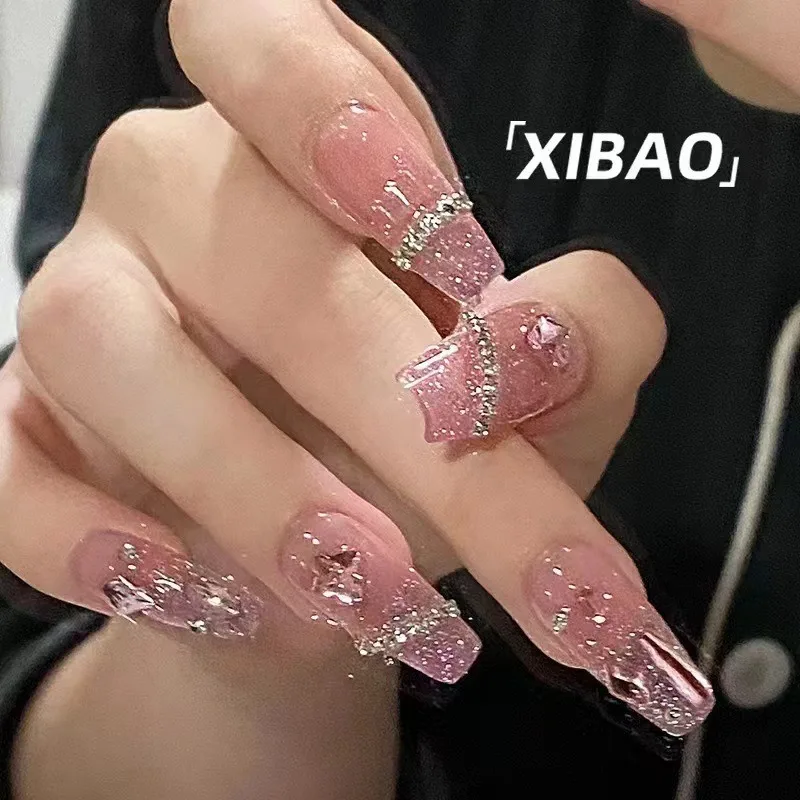 Unhas Postiças Longas de Balé, Pontas De Unhas Cobertas Completas, Design De Strass, Vestível, Pressionar Unhas, Rosa, Unhas Postiças De Luxo, 24 Unidades