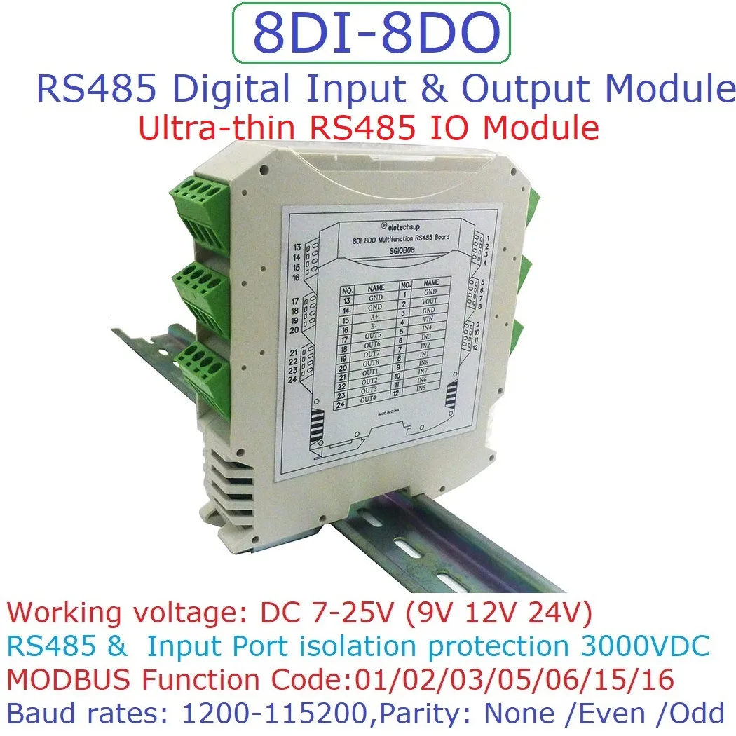 For Relay PLC Industrial Equipment Ultra-thin Safety Barrier RS485 IO Module 8DI-8DO RS485 Digital NPN Input Output MODBUS RTU