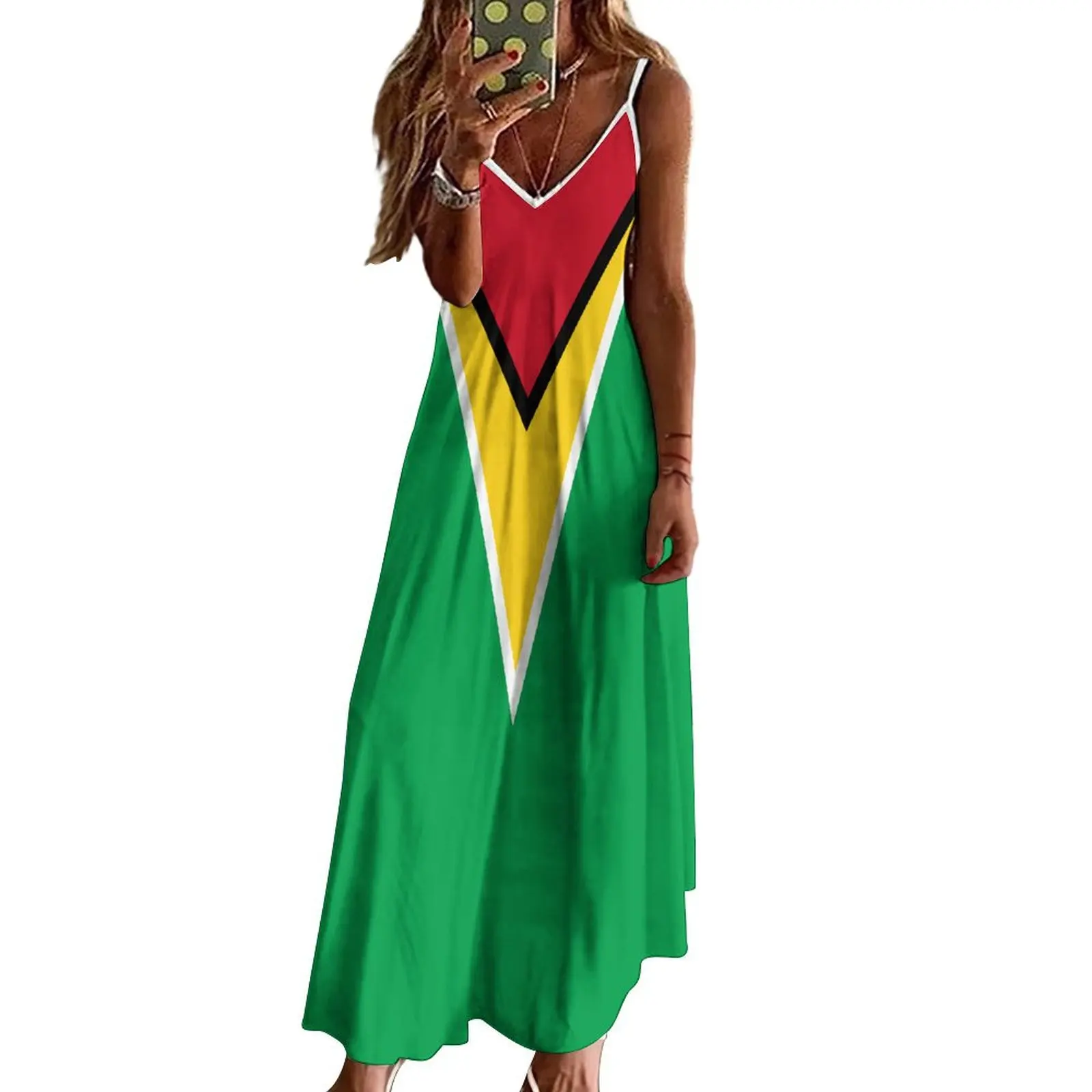 Lange Jurken Jurk Guyana Vlag Print Nieuwe Casual Mouwloze Dames V-Hals Bedrukte Jurk Swing Retro Jurken