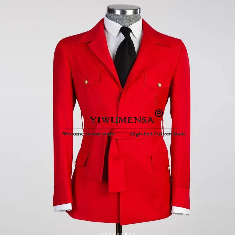 Red Safari Suits Men Single Breasted Jacket WIht Belt Pants 2 Pieces Business Office Blazer Formal Party Groom Tuxedos Tailored