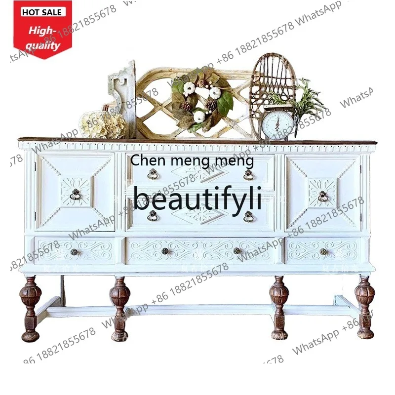 Solid Wood Carved Entrance Cabinet American Retro Sideboard Wall-Mounted Decorative Storage Cabinet