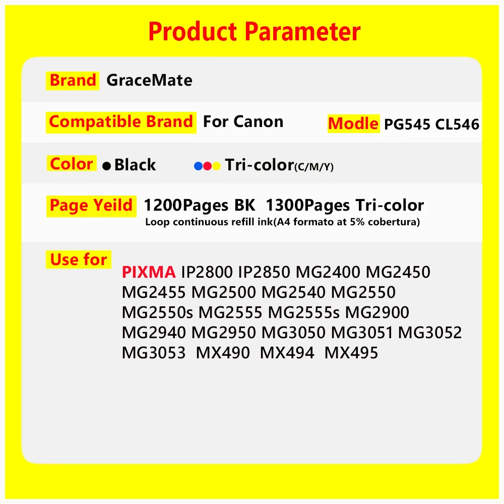 GraceMate Refillable PG545 CL546 Ink Cartridge Replacement for Canon PG545 CL546 for Pixma MG3050 2550 2450 2550S 2950 MX495