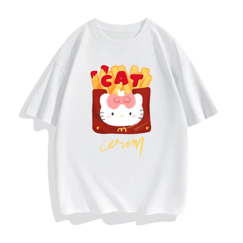 French fries kitty T-shirt 2024 new high-quality cotton T-shirt summer loose breathable short sleeves