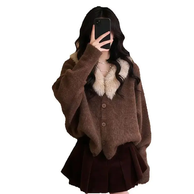 

Japan Korean Retro Brown Fur Collar Knitted Sweater Jacket For Women Autumn Winter Thickened Casual Loose Cardigan Top