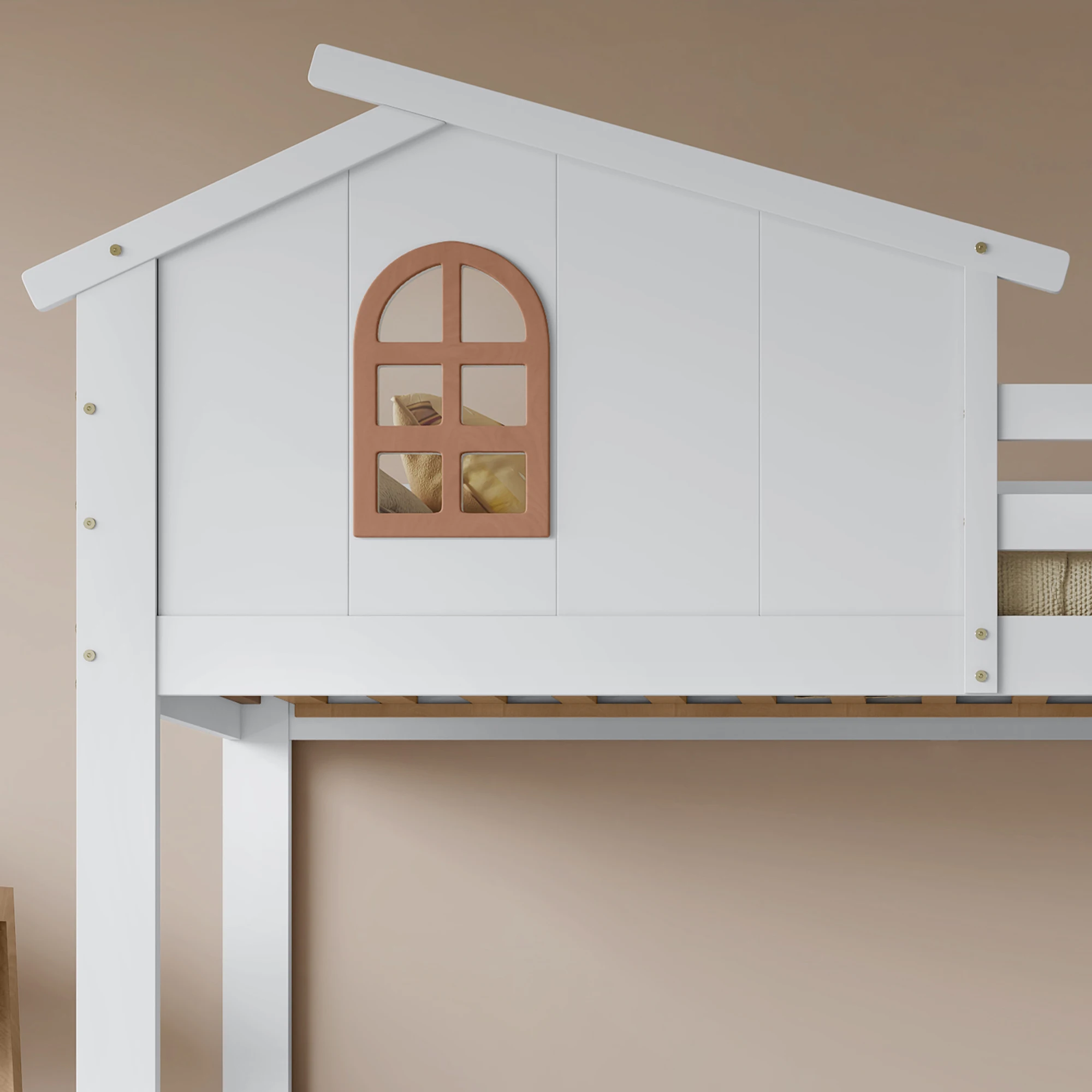PINGGO Weißes Etagenbett Mutter-Kind-Bett Charakteristische Fenster 4-Stufige Rutsche 2 Schubladen Massivholzrahmen Ohne Matratze – Detail 2