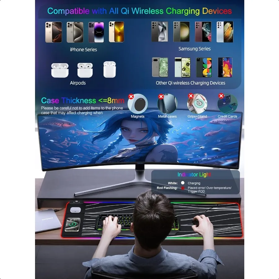 XXL-Mauspad mit Telefonhalter, RGB-Schreibtischunterlage mit 15 W Schnelllade-LED, großes Gaming-Mauspad mit 11 Lichtern, Farben, lange Maus
