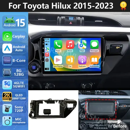 Imagen 1 del producto Plug and Play Android 15 para Toyota Hilux 2015 - 2023 RHD 2K QLED Radio de coche reproductor de vídeo Multimedia estéreo CarPlay Dsp unidad principal