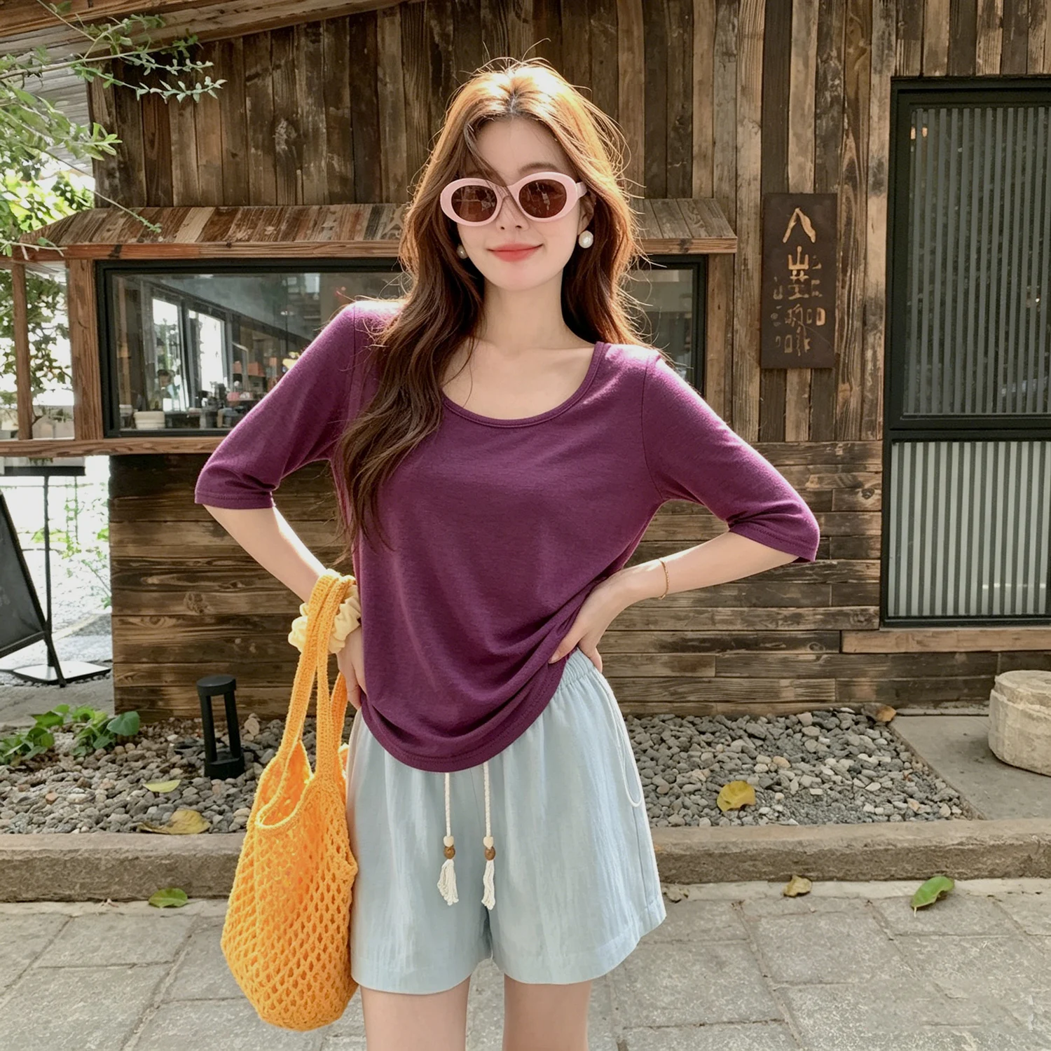 Women's Pure Color Large round Neck Camisole under Shirt Summer mid Sleeve Skin-friendly Lyocell Short Sleeve T-shirt