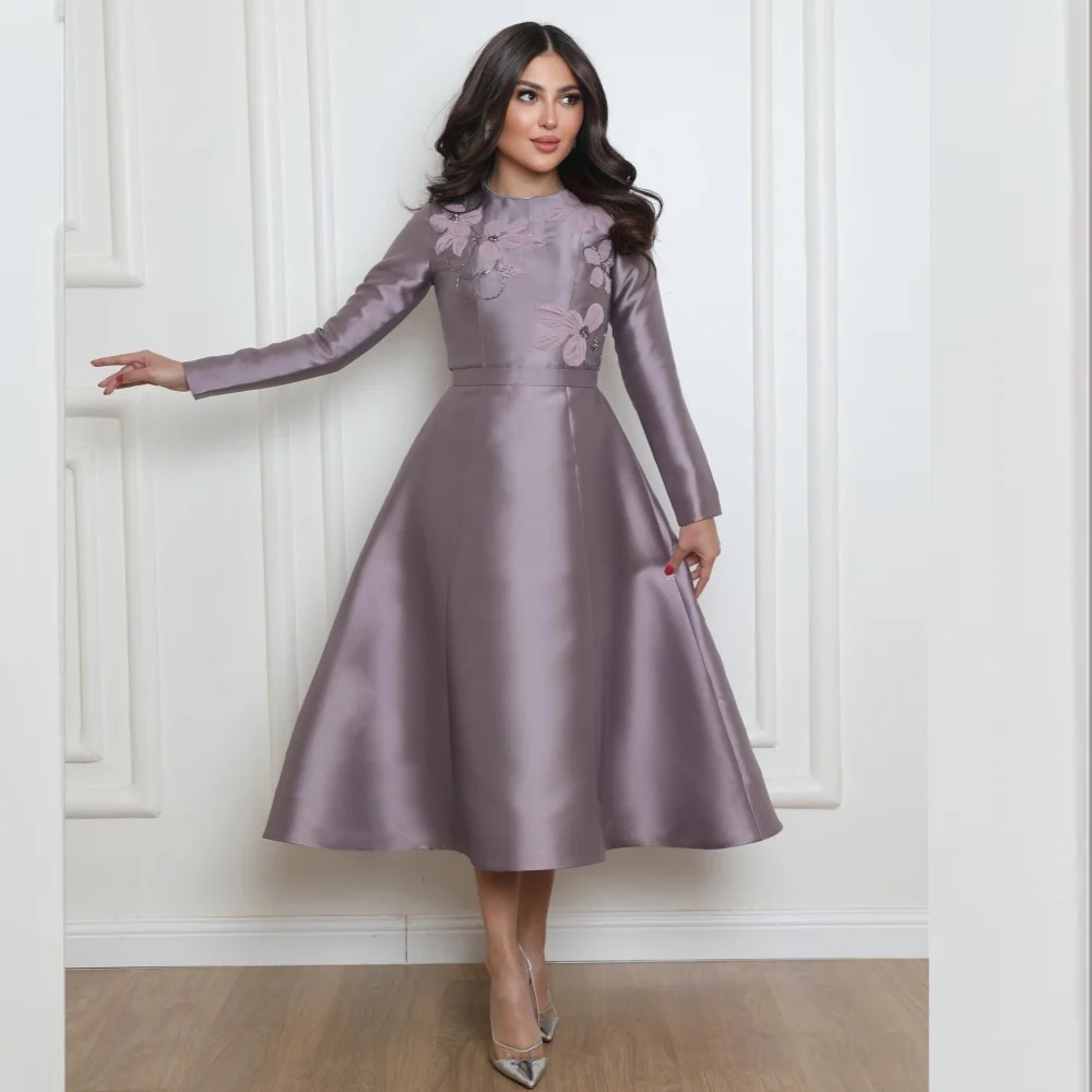 

Satin Sequined Flower Beading Ruched Clubbing A-line High Collar Bespoke Occasion Gown Midi Dresses