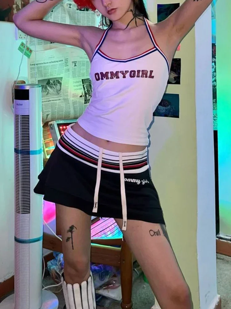 DEEPTOWN Y2k 2 Piece Sets Women Outfit Vintage Letter Print Vest Sexy Extreme Mini Skirt Coquette Two Piece Set Kpop Style