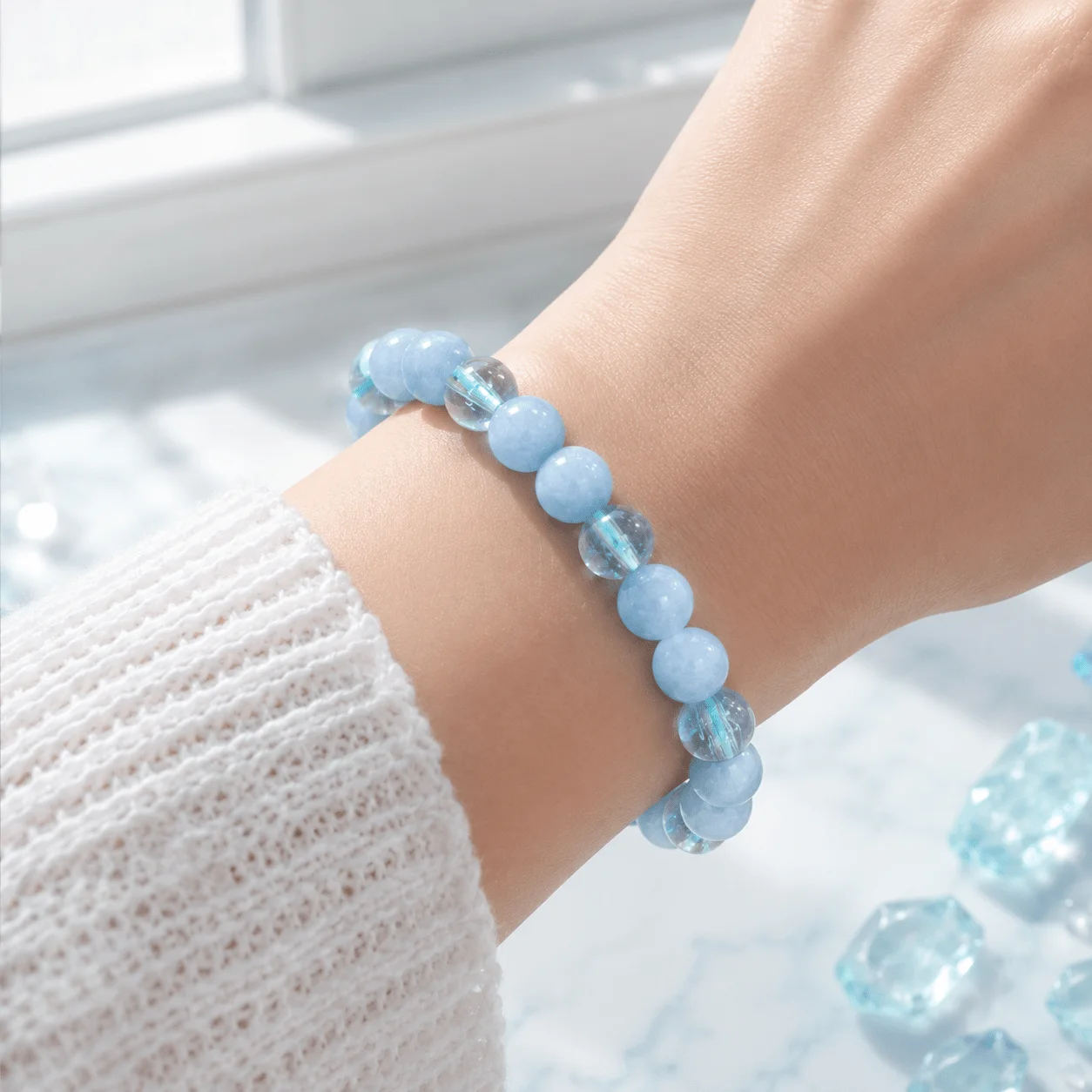 Niche High-grade Aquamarine Bracelet, Mint Sky Blue Beads, Unisex All-match Hand Jewelry