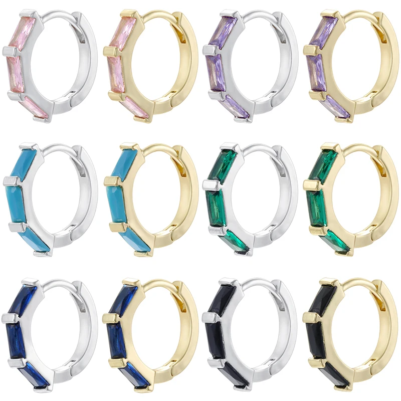 18K Gold-Plated Brass Diamond-Shaped Hoops Set with Rectangular Clear Zirconia Unisex Couple's Earrings: VE1835