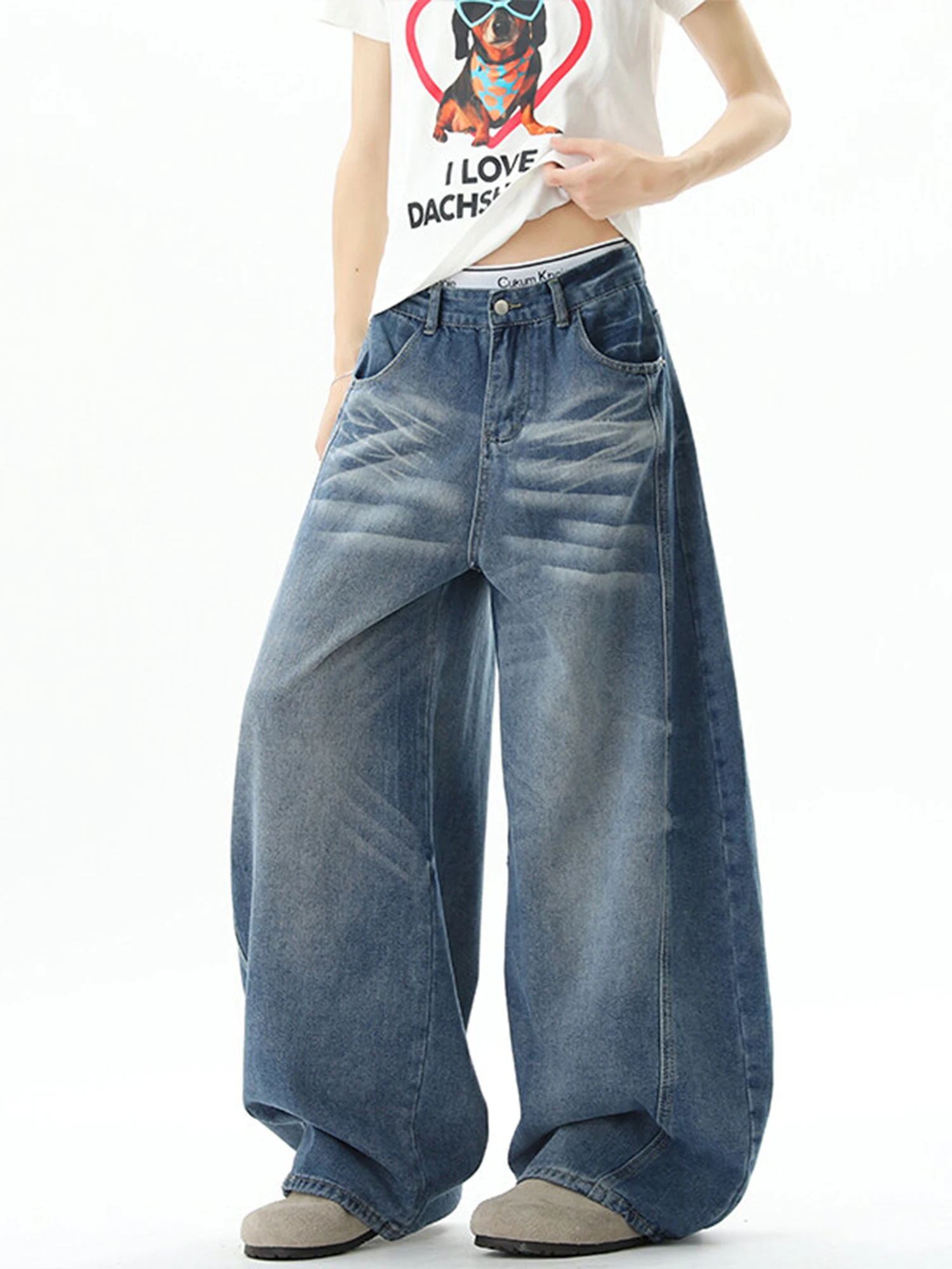 

Мужские джинсы в американском ретро-стиле с эффектом потертости, свободные широкие брюки, летние, модные, прямые, из денима