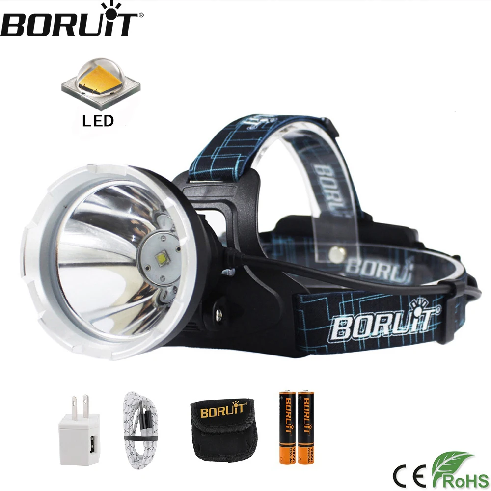 BORUIT B10 LED Super Bright Headlight 3000LM Micro USB Charger 18650 Battery Headlamp 4-Mode Head Torch Camping Hunting Lantern