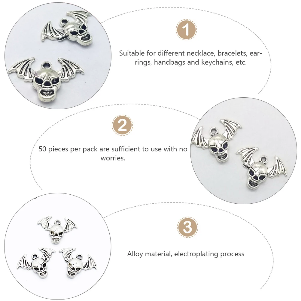 

50 pcs Bat Pendant Alloy Necklace Charm Halloween Decorations Non Toxic Jewelry Bat Skull Pendant Craft Supplies