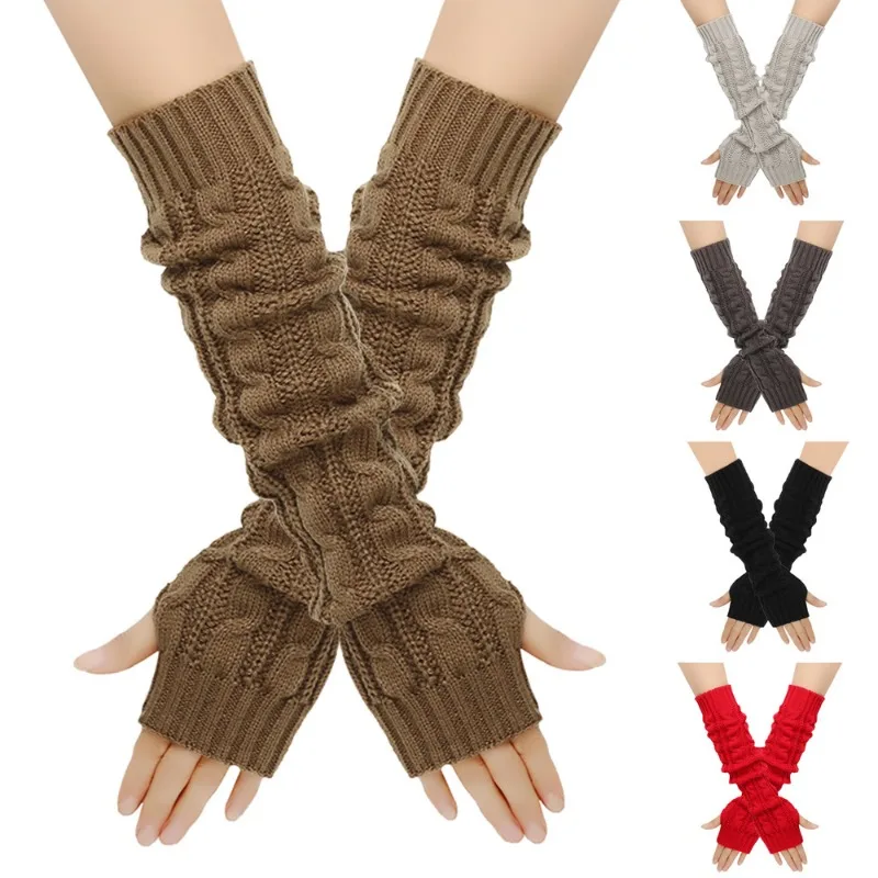 Korean Thick Knit Arm Warmers - Women's Long Fingerless Gloves Cable Pattern Full Arm Sleeves Winter Warm