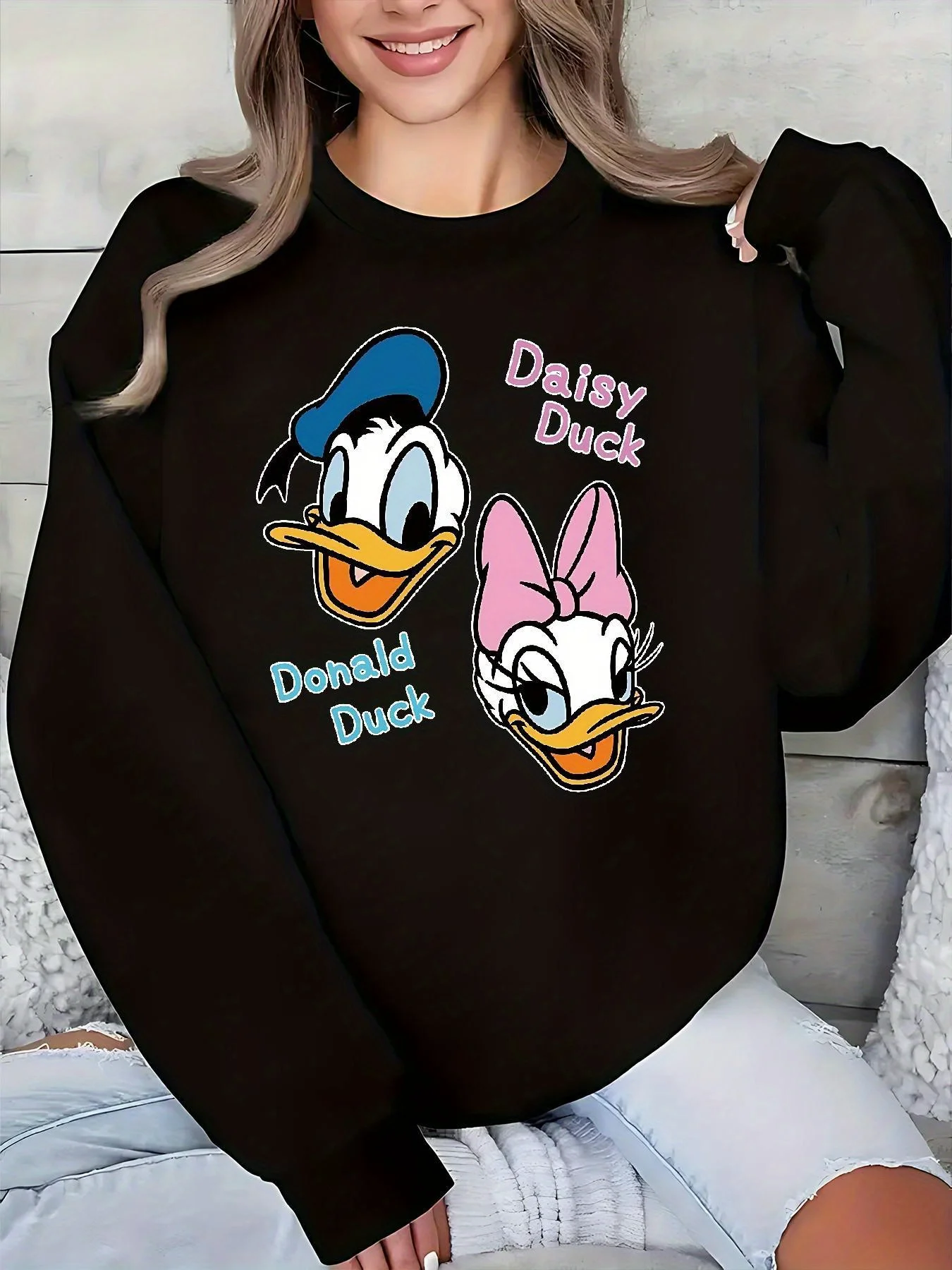 

Женский рождественский пуловер с изображением Дональда Дака Диснея, модный свитер унисекс с круглым вырезом большого размера, осенне-зимний флисовый повседневный свитер