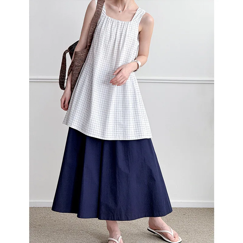 

Лето 2025 г., новый корейский топ для девочек, свободная универсальная клетчатая рубашка для похудения + свободные широкие брюки, удобный дышащий чистый хлопок