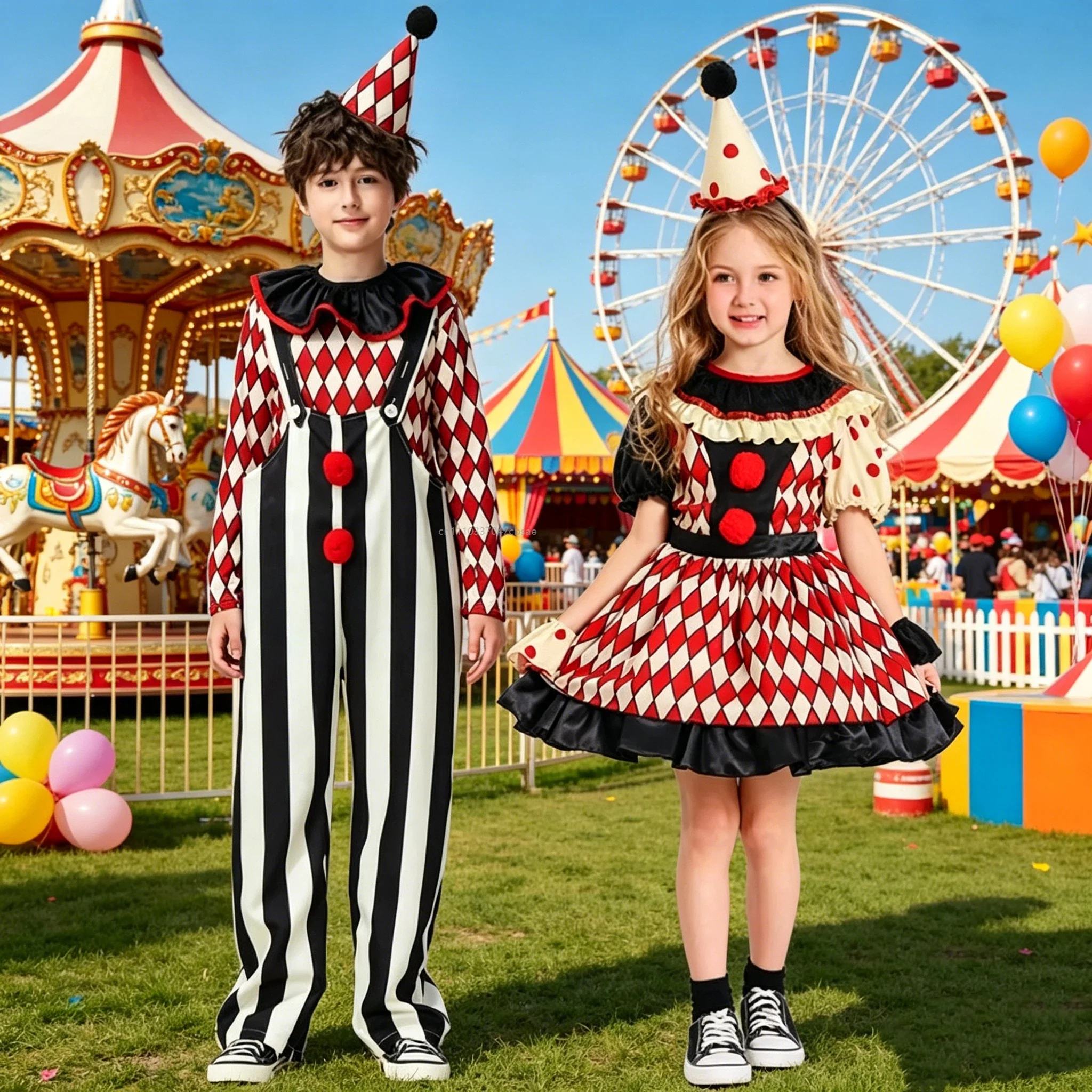 

Red Black Clown Cosplay Costume Carnival Halloween Circus Dress Performance Masquerade Fancy Check Outfit 2026