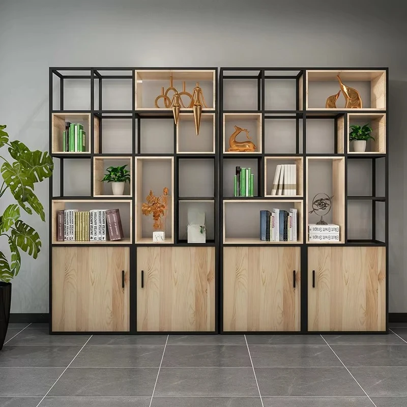 yjq  American floor-to-ceiling multi-layer locker industrial wind belt door wrought iron shelf solid wood partition bookcase