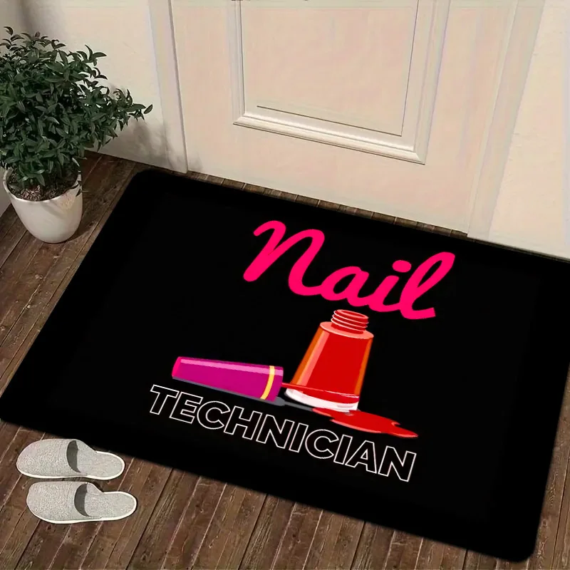 Nail Technician Doormat – Black, “Nail” in Pink Script + Polish Bottle Graphic, Flannel, Non-Slip, Indoor Use Only