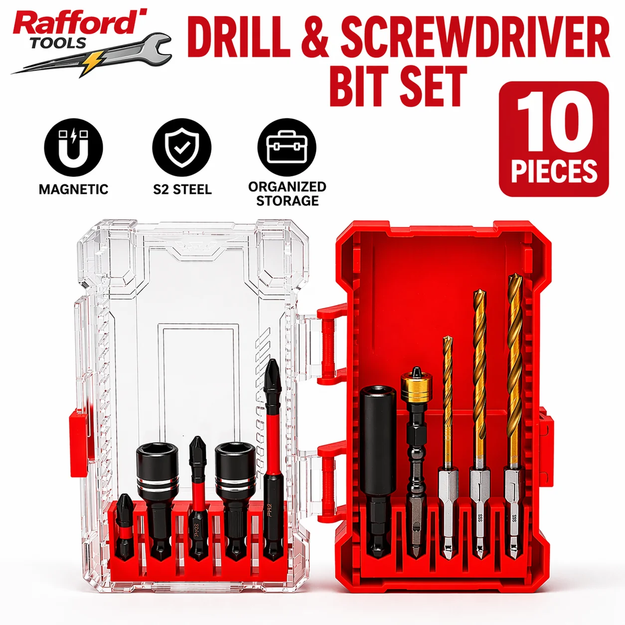 Rafford 10PCS Titanium Drill Bit & Screwdriver Bit Set with Storage Case for Wood Metal DIY Repair