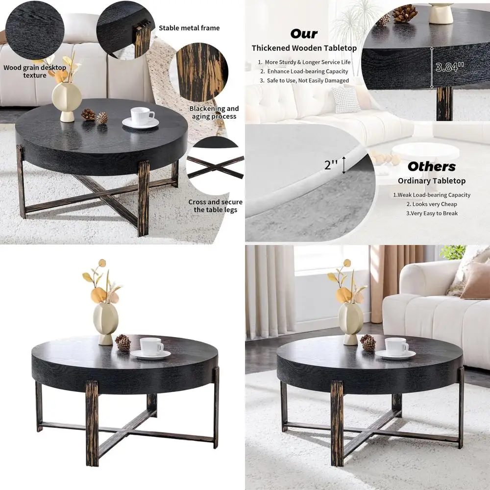 

Круглый приставной столик в стиле Mid-Century Modern с местом для хранения вещей для небольших помещений - диаметр 31,5 дюйма, черный цвет