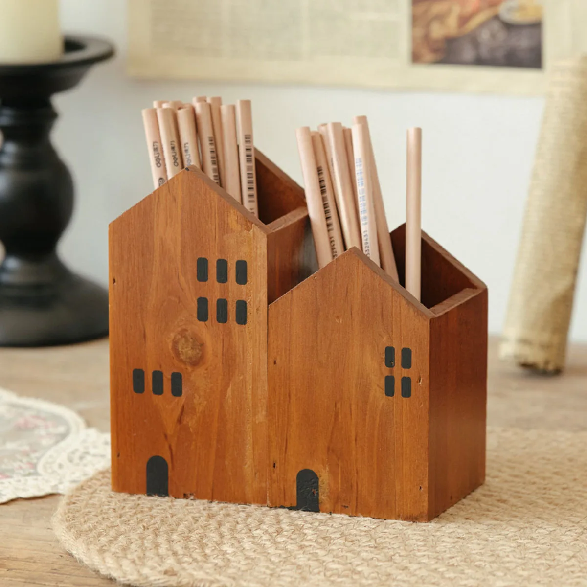 Retro Wooden Pen Holder, House-shaped Pencil Case, Stationery Organizer, Office Desk Ornament Dropshipping