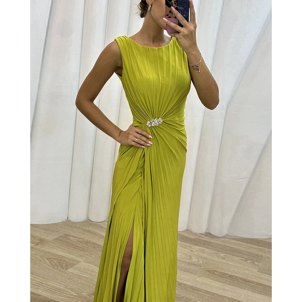 

Women Round Neck Sleeveless High Slit Maxi Pleated Dress Korean Fashion Elegant Ruched Fold Evening Long Club Dress